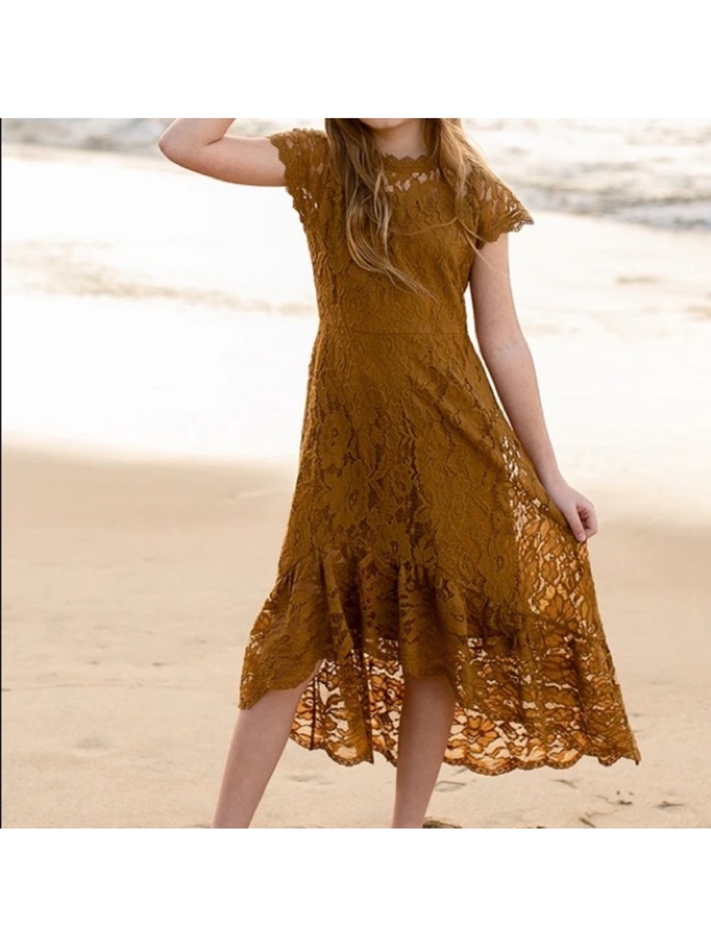 Joyfolie Girls Lace Midi Dress in Mustard